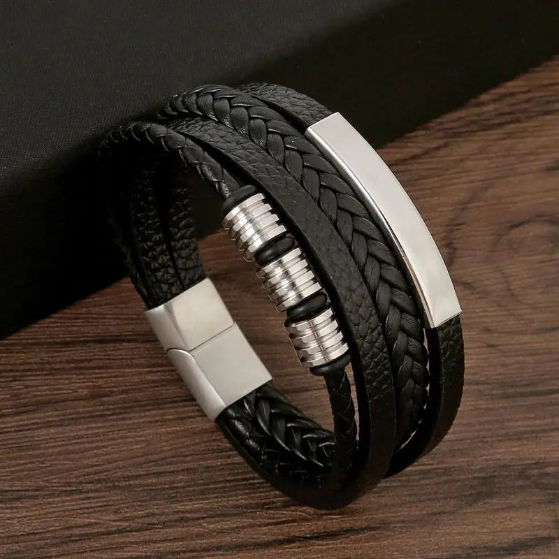 Pulsera Multicapa de Cuero para Hombre - Estilo Moderno y Elegante